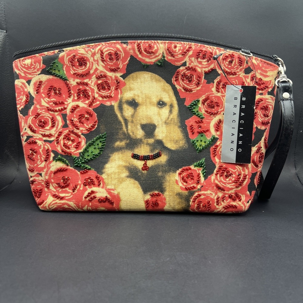 Vintage Y2K Braciano Golden Retriever Puppy Cosmetic Bag Pink Sequin Rose